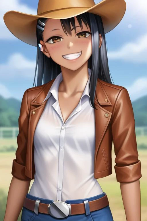 ((best quality)), ((highly detailed)), masterpiece, (detailed eyes, deep eyes), 2D, anime, Nagatoro Hayase, cowboy costume, cowboy hat, cowboy jacket, cowboy colt belt, cowboy leather shirt, delicate, cute, fit, stunningly beautiful, ultra realistic highly detailed hands and fingers, sexy pose, highly detailed smirk, detailed evil smile, realistic highly detailed ears, wild west background, realistic highly detailed face, hair ornament, brown eyes, hairclip ,dark skin, black hair, sharp focus<lora:Nagatoro_V3-000009:1>