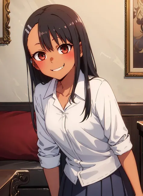 ((best quality)), ((highly detailed)), masterpiece, absurdres, (detailed eyes, deep eyes), (1girl), dynamic pose, upper body, <lora:Nagatoro_V3:.7>, nagatoro hayase, hair ornament, brown eyes, hairclip, ((dark skin)), black hair, evil smile, smirk, collared shirt, collarbone, pleated skirt, (indoors, in a living room)