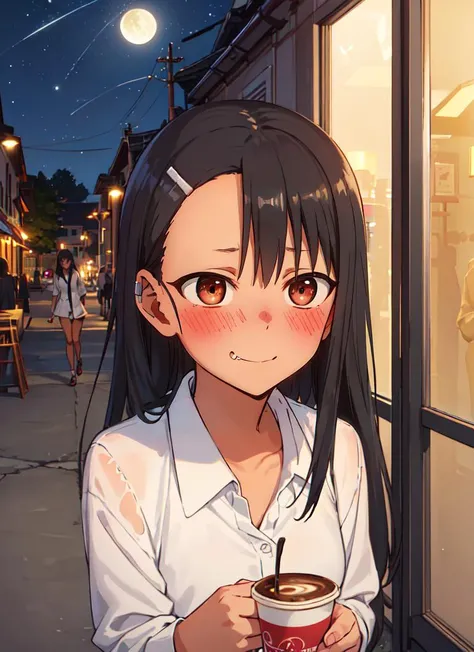 ((best quality)), ((highly detailed)), masterpiece, absurdres, (detailed eyes, deep eyes), (1girl), from above, bird's-eye view, upper body, <lora:Nagatoro_V3:.6>, nagatoro hayase, hair ornament, brown eyes, hairclip, ((dark skin)), black hair, evil smile, smirk, NSFW, ((torn clothes)), pussy, female pubic hair, ((full-face blush, embarrassed)), (yelling)disgusted, (outside, at a cafe, coffee, (((multiple girls))), evening, night sky, stars, lunar eclipse, shooting star)