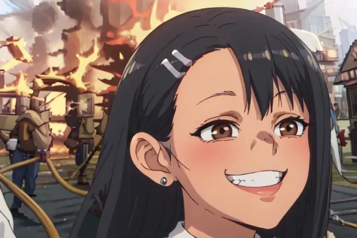High quality,anime screenshot,4k,happy,smiling,straight bangs,long flowy hair,black hair,round blue eyes,happy,jump,beige uniform,red bow on uniform,red skirt,brown skin,