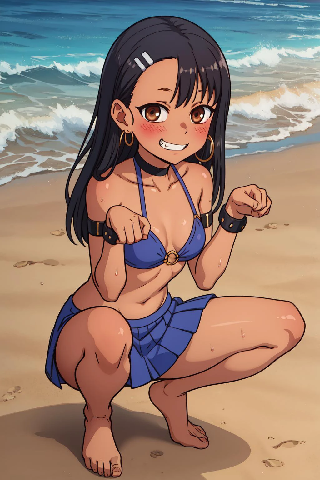 (extremely detailed CG unity 8k wallpaper), (masterpiece), (best quality), (ultra-detailed), (best illustration), (best shadow), (absurdres), 1girl, squatting, eager pet pose, paw pose, hoop earrings, armlet, small breast, bare shoulders, skirt, professional artwork, perfect face, perfect eyes, <lora:Character_Dont.Toy.With.Me.Miss.Nagatoro_Hayase.Nagatoro:0.7>, nagatoro hayase, looking at viewer, hair ornament, brown eyes, hairclip, dark skin, black hair, long hair, evil grin, (half-closed eyes:0.9), outdoors, on water, beach, sand, montains, <lora:Function_Better.Hands:1> <lora:Function_Skin.Tone.Slider:1.5> <lora:Concept_Eager.Pet.Pose:1>