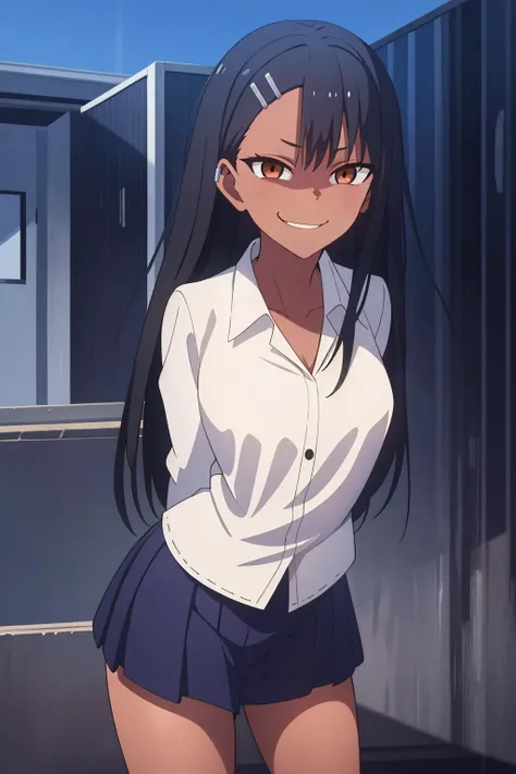 (extremely detailed CG unity 8k wallpaper), (masterpiece), (best quality), (ultra-detailed), (best illustration), (best shadow), (absurdres), 1girl, solo,<lora:Hayase_Nagatoro:0.6> ,nagatoro hayase, hair ornament, brown eyes, hairclip, shirt,dark skin, black hair, long hair, evil smile, arms behind back, leaning forward