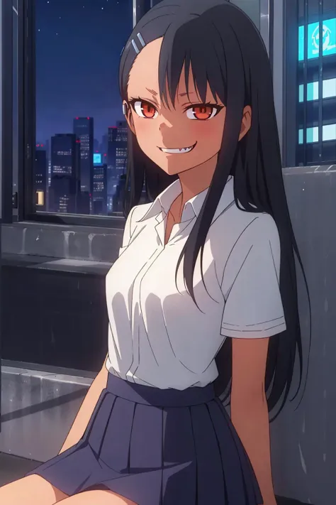 1girl, solo,sitting, cyberpunk cityscape,night city \(city\), stealth in the city,small breast, masterpiece, professional artwork, famous artwork, perfect face,<lora:Hayase_Nagatoro:0.7> ,nagatoro hayase, hair ornament, glowing brown eyes, hairclip,dark skin, black hair,school uniform, cowboy shot, black hair, beautiful face, evil smile, evil eyes, ((perfect female body, narrow waist)), background city,