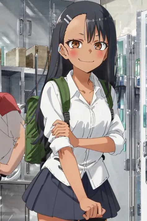 ((best quality)), ((highly detailed)), masterpiece, (detailed eyes, deep eyes), (1girl), mirror, reflection, cowboy shot, <lora:Hayase_Nagatoro:.8>, nagatoro hayase, hair ornament, brown eyes, hairclip, ((dark skin)), black hair, evil smile, smirk, collared shirt, collarbone, pleated skirt, backpack, (indoors, at a lockerroom)