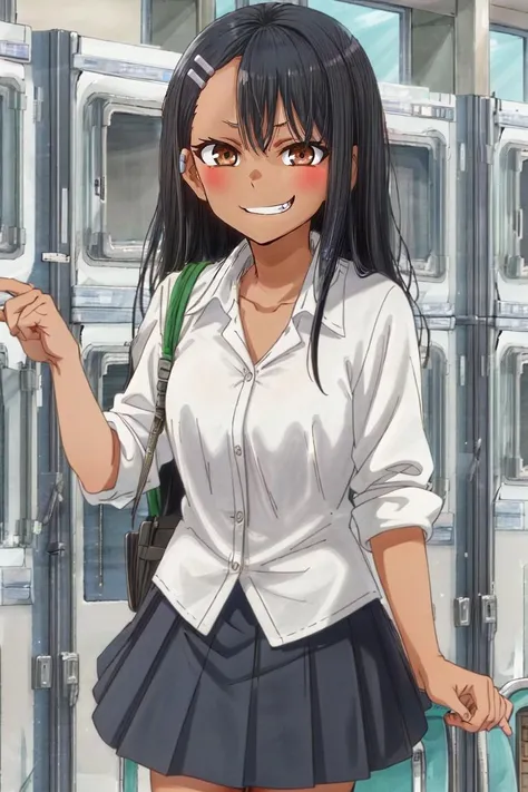 ((best quality)), ((highly detailed)), masterpiece, (detailed eyes, deep eyes), (1girl), Perspective distortion, full body, <lora:hairdetailer:.9>, <lora:Hayase_Nagatoro:.7>, nagatoro hayase, hair ornament, brown eyes, hairclip, ((dark skin)), black hair, evil smile, smirk, collared shirt, collarbone, pleated skirt, (at a laundromat, dawn)