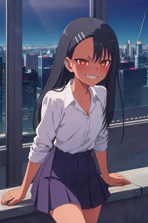 1girl, solo,sitting, cyberpunk cityscape,night city \(city\), stealth in the city,small breast, masterpiece, professional artwork, famous artwork, perfect face,perfect eyes,<lora:Nagatoro_Hayase-09:0.7> ,nagatoro hayase, hair ornament, brown eyes,glowing eyes, hairclip,dark skin, black hair,school uniform, cowboy shot, black hair, beautiful face, evil smile, evil eyes, ((perfect female body, narrow waist)), background city,  skirt