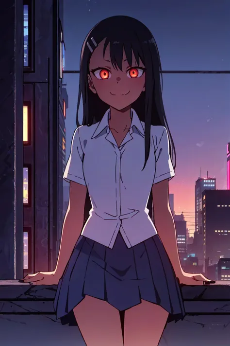 1girl, solo,sitting, cyberpunk cityscape,night city \(city\), stealth in the city,small breast, masterpiece, professional artwork, famous artwork, perfect face,perfect eyes,<lora:Nagatoro_V3:0.7> ,nagatoro hayase, hair ornament, brown eyes,(glowing eyes:1.1), hairclip,dark skin, black hair,school uniform, cowboy shot, black hair, beautiful face, evil smile, evil eyes, ((perfect female body, narrow waist)), background city,  skirt