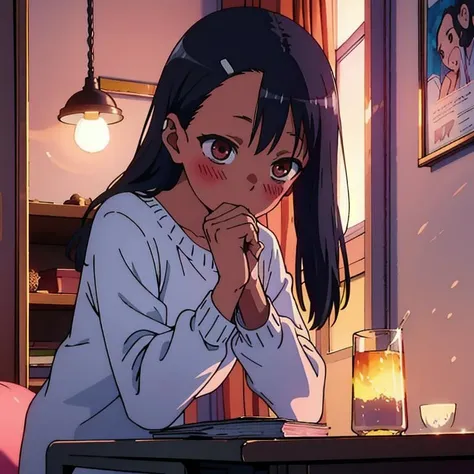 (masterpiece), 1girl, feel in love, blush, pink room, blue light, cozy, romantic <lora:Nagatoro_V3:1>