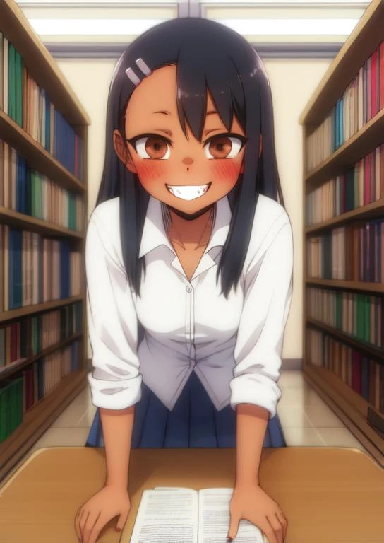 (masterpiece, best quality:1.2), extremely detailed, soft ambient lighting, sharp focus, 4K, BREAK <lora:Nagatoro_V3:0.8>, 1girl, solo, nagatoro hayase, hair ornament, brown eyes, hairclip, dark skin, black hair, school uniform, white shirt, navy blue skirt, BREAK indoors, school library, looking at viewer, grin,