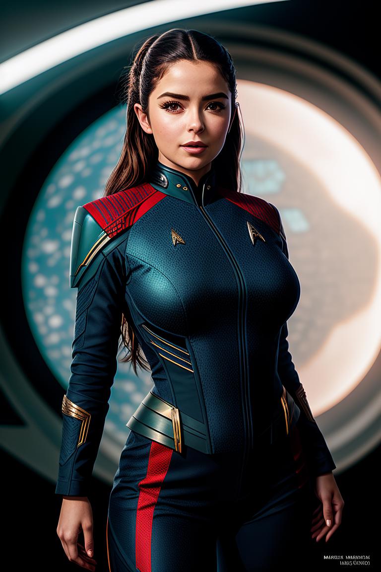 A woman in a blue and red suit standing in front of a circular window ...