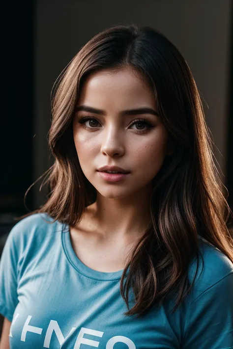 photo of beautiful (dem1rmawby:0.99), a woman with perfect hair, wearing Marines Blue (graphic tee:1.1), (An interactive augmented reality language learning app, allowing users to learn and practice languages through virtual conversations:1.1), (closeup portrait:1.2), modelshoot style, (extremely detailed CG unity 8k wallpaper), professional majestic photography, (Leica M6 Camera), 24mm, exposure blend, hdr, faded, extremely intricate, High (Detail:1.1), Sharp focus, dramatic, soft cinematic light, (looking at viewer), (detailed pupils), 4k textures, elegant, ((((cinematic look)))), soothing tones, insane details, hyperdetailed, low contrast, (epicPhoto)