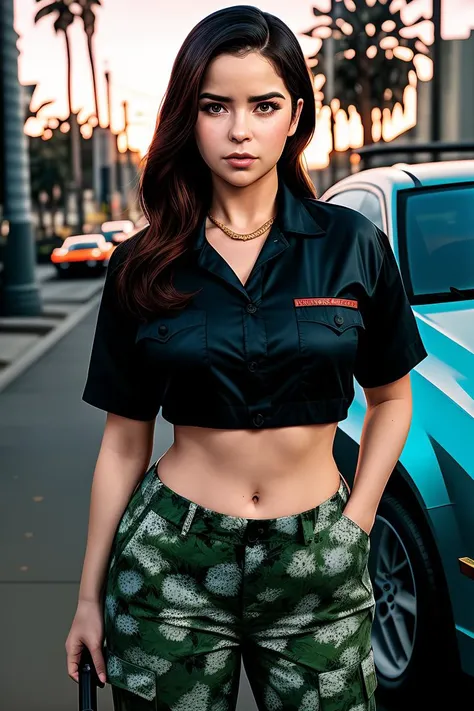 infographics photo of (dem1r0s3:0.99), a woman (as a gangster:1), (wearing buttoned up hawaiian shirt), (long trousers), (urban park), ((GTA style:1.3)), (((comic cover font))), (((comic title:1.2))), atmospheric lighting, cinematic composition, concept art, digital illustration, detailed, art by bastien lecouffe-deharme and greg rutkowski and carne griffiths, natural light, 4K, highly detailed, cel shading, ((rotoscoping)), ((perfect eyes)), (detailed pupils), (((credits))), (((comic issue))), (Grand Theft Auto), (GTA style comic:1.2)