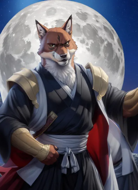 <lora:sajin-09:1>, sajin, solo, mature male, muscular, (pose:1.3), (posing:1.3), (soft shading), 4k, hi res, ((detailed face, (detailed eyes:1.0), detailed)), (full body), by zackarry911, by zaush, (by personalami:0.5),  1boy, male focus, japanese clothes, armor, moon, full moon, haori, samurai