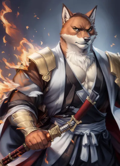 <lora:sajin-09:1>, sajin, solo, mature male, muscular, (pose:1.3), (posing:1.3), (soft shading), 4k, hi res, ((detailed face, (detailed eyes:1.0), detailed)), (full body), by zackarry911, by zaush, (by personalami:0.5), looking at viewer, 1boy, holding, weapon, male focus, japanese clothes, sword, kimono, holding weapon, armor, torn clothes, holding sword, abs, katana, fire, shoulder armor, fighting stance, bare pectorals, embers