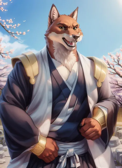 <lora:sajin-09:1>, sajin, solo, mature male, muscular, (pose:1.3), (posing:1.3), (soft shading), 4k, hi res, ((detailed face, (detailed eyes:1.0), detailed)), (full body), by zackarry911, by zaush, (by personalami:0.5), open mouth, 1boy, holding, upper body, male focus, japanese clothes, teeth, sharp teeth, haori, temple, cherry blossoms, kimono,