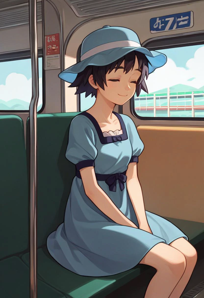 score_9, score_8_up, score_7_up, source_anime, solo, 1girl, shiina mayuri, smile, sitting, train interior, hat, closed eyes, blue dress, short sleeves <lora:steinsgate_shiina_ponyXL:0.8>