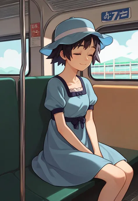 score_9, score_8_up, score_7_up, source_anime, solo, 1girl, shiina mayuri, smile, sitting, train interior, hat, closed eyes, blue dress, short sleeves <lora:steinsgate_shiina_ponyXL:0.8>