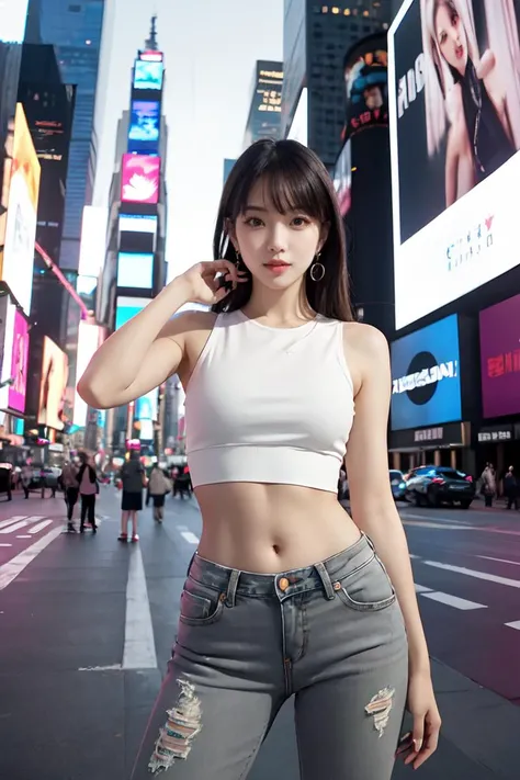 sexy pose,1girl,Chinese,wearing white crop top,grey jeans,earrings,with a background of Times Square. upper body,8k,HDR,photorealistic,realistic,slim legs,looking at viewer,day,<lora:Kittwy:0.9>,