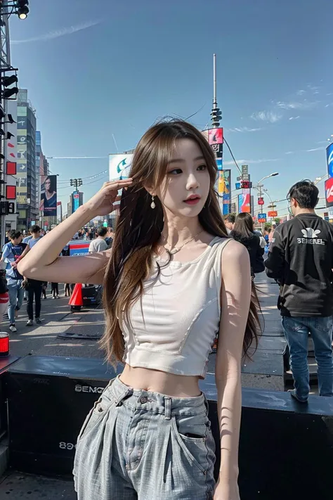 1girl, Chinese, wearing white crop top, grey jeans, earrings, with a background of Times Square. upper body, 8k, HDR, photorealistic, realistic, slim legs, looking at viewer, day,, 1girl,