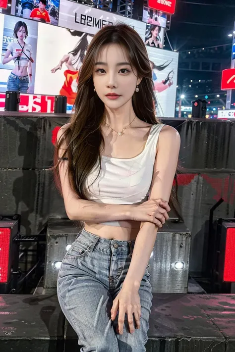 1girl, Chinese, wearing white crop top, grey jeans, earrings, with a background of Times Square. upper body, 8k, HDR, photorealistic, realistic, slim legs, looking at viewer, day, zooming in, close-up, crossed arms,, 1girl,