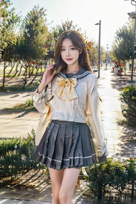 1girl, uranohoshi school uniform, school uniform, long sleeves, pleated skirt, bow, bowtie, sailor collar, skirt, solo, loafers, upper body, (smile:0.7), looking at viewer, long hair, outdoors, noon, streets, sunshine, standing, beautiful face, (cowboy shot), <lora:LoveLiveSunshineSchoolUniform:0.8>, 8k, hdr, ultra highres, masterpiece,(realistic), highly detailed CG unified 8K wallpapers, (HQ skin:1.2),8k uhd, dslr, high quality, beautiful skin, attractive, ultra-high resolution, ultra-realistic,high-definition, close-up, dynamic pose,, 1girl,