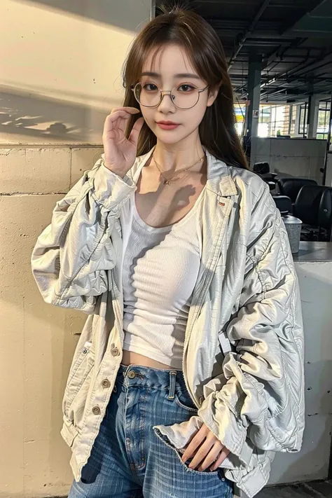 1girl, wearing white oversize jacket, dark grey jeans, bracket, earrings, upper body, 8k, HDR, photorealistic, realistic, looking at viewer, round eyewear,, 1girl,