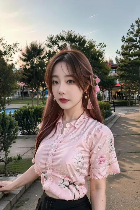 1girl, Chinese, earrings, pink hair, upper body, 8k, HDR, photorealistic, realistic, looking at viewer, outdoors, park, black lace shirt, large breasts,, 1girl,