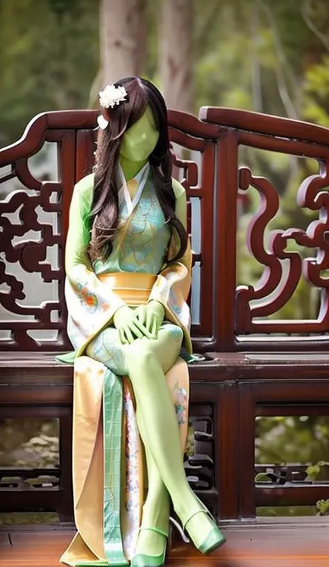 masterpiece, best quality,ultra detailed, a woman, sitting on the ground, wearing a green bodysuit, shiny complicated snake skin pattern on her skin, long and thin legs, straight legs, thin body, heels, small Breast, long black hair, dramatic lighting, specular skin, facing camera, clear face, forest background, <lora:taiwanDollLikeness_v1:0.1> <lora:zentaiV1.8:1>, wearing song hanfu, Chinese traditional clothing, long yellow silk dress, flowers on her head, complicated carvings and decorations on her dress, <lora:hanfu_v30Song:0.35>