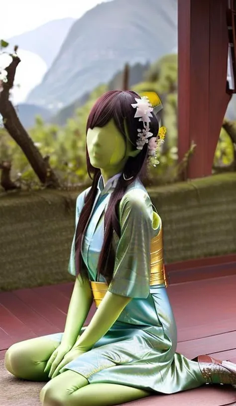 masterpiece, best quality,ultra detailed, a woman, sitting on the ground, wearing a green bodysuit, shiny complicated snake skin pattern on her skin, long and thin legs, straight legs, thin body, heels, small Breast, long black hair, dramatic lighting, specular skin, facing camera, clear face, forest background, <lora:taiwanDollLikeness_v1:0.1> <lora:zentaiV1.8:1>, wearing song hanfu, Chinese traditional clothing, long yellow silk dress, flowers on her head, complicated carvings and decorations on her dress, <lora:hanfu_v30Song:0.35>