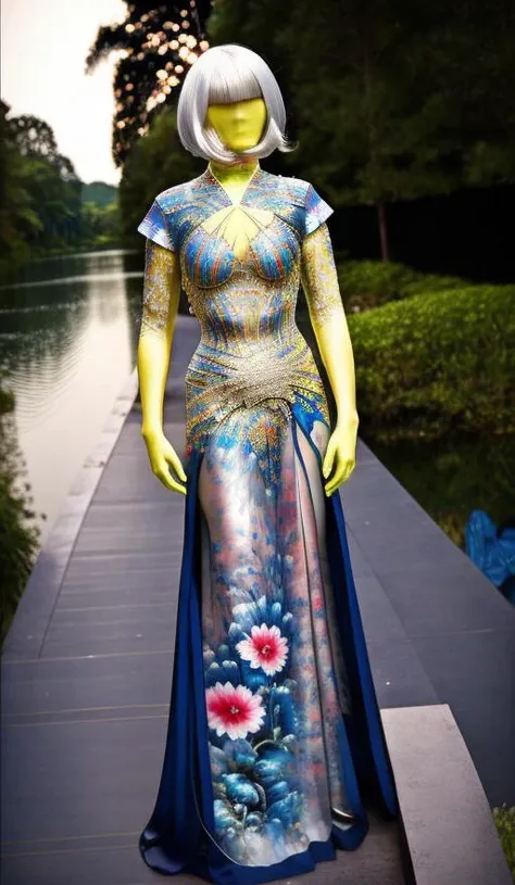 original, (masterpiece), (illustration), (extremely fine and beautiful), (perfect details), (beautiful and clear background:1.25), (depth of field:0.7), (stands aside the river:1.15). (cute:1.3), (detailed beautiful eyes:1.3), (beautiful face:1.3), silver hair, silver ear, (pink hair:0.7), (pink ear:0.7), long hair, (hair blowing with the wind:1.1), (blue eye:1.1), (female internet celebrity:1.2), butterflys flying around, (moon light:0.6), tree, (summer), (night:1.2), (close-up:0.35), (gloves:0.8), solo,full body,hjy, <lora:eveningDressPrincessDress_v10:0.75> a woman wearing yellow bodysuit, snake skin pattern on her skin, <lora:zentaiV1.8:1> thin body, small breast, thin body, white hair,