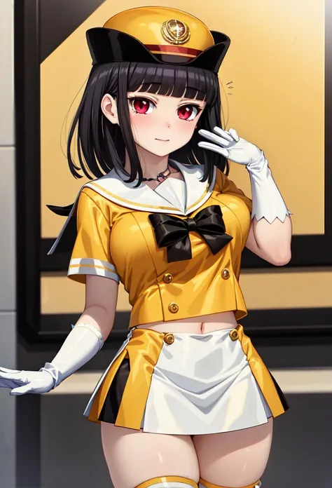((masterpiece, best quality)), 1girl, hinazuki lilina, black hair, red eyes, white sailor collar, cap, white gloves, white skirt, black thighhighs <lyco:hinazukiLilinaBeatmania:0.8>