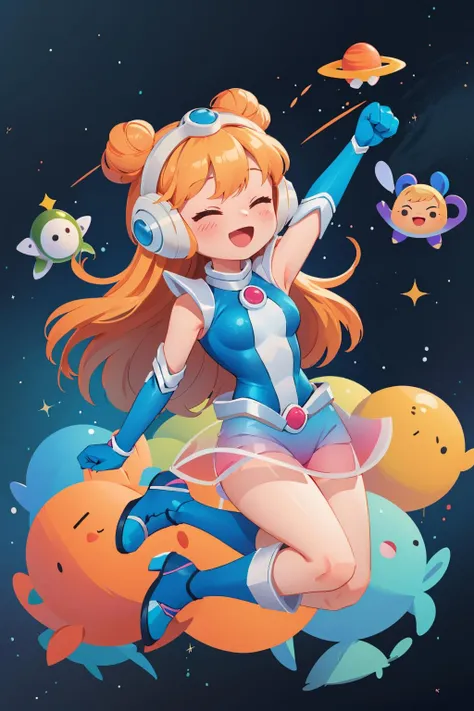 masterpiece, best quality, sglux, blonde hair, headphones, blue leotard, elbow gloves, see-through skirt, blue shorts, boots, outer space, jumping, raised arm, fists, :D, closed eyes, chibi <lora:spacelux-nvwls-v1-000010:0.8>