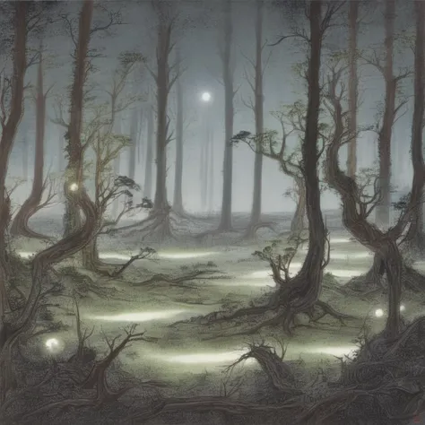 "A photorealistic depiction of a mysterious extraterrestrial forest. The trees should be unlike any found on Earth, with bioluminescent leaves and bark that shimmers in varying shades of colors not typically seen in terrestrial forests. The ground should be covered in a soft, glowing moss, and the air filled with floating spores that emit a gentle light. Strange, ethereal creatures, reminiscent of both plants and animals, move gracefully between the trees. The sky above is a tapestry of unfamiliar constellations and multiple moons, casting an otherworldly glow over the landscape. The overall atmosphere should evoke a sense of wonder, curiosity, and the unknown. <lora:landscape-painting-sdxl_v2:1>