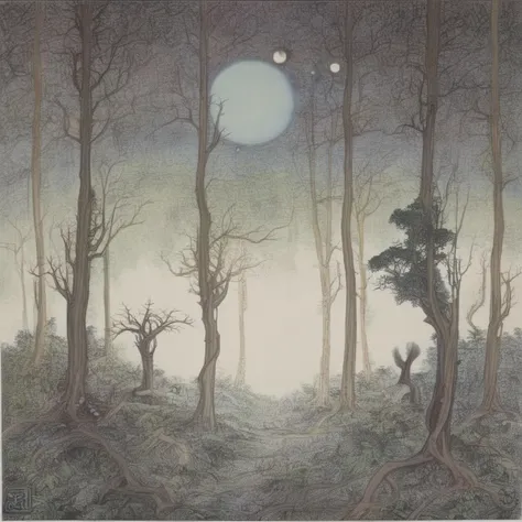 "A photorealistic depiction of a mysterious extraterrestrial forest. The trees should be unlike any found on Earth, with bioluminescent leaves and bark that shimmers in varying shades of colors not typically seen in terrestrial forests. The ground should be covered in a soft, glowing moss, and the air filled with floating spores that emit a gentle light. Strange, ethereal creatures, reminiscent of both plants and animals, move gracefully between the trees. The sky above is a tapestry of unfamiliar constellations and multiple moons, casting an otherworldly glow over the landscape. The overall atmosphere should evoke a sense of wonder, curiosity, and the unknown. <lora:landscape-painting-sdxl_v2:1>