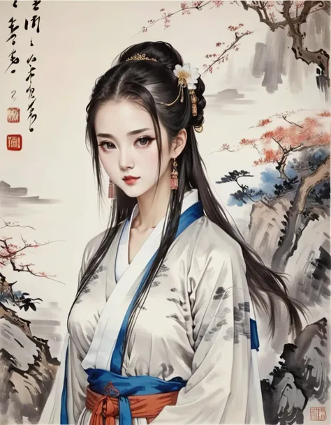 chinese beauty painting, hanfu, large breasts, cleavage, looking at viewer, shot of eyes, <lora:landscape-painting-sdxl_v2:1>