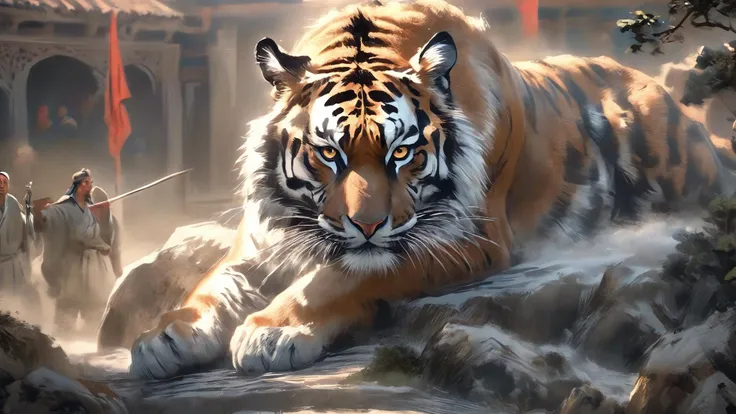 (Realistic),masterpiece,best quality,cinematic lighting,natural shadow,highest detail,professional photography,detailed background,depth of field,insane details,intricate,aesthetic,subsurface scattering,dynamic angle,
medieval engraving,main characters tiger and crane,high resolution,China, <lora:landscape-painting-sdxl_v2:1>