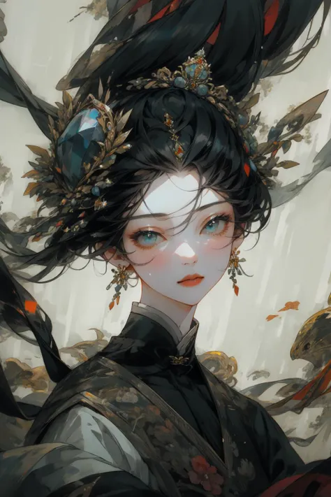 black_hair, 1girl, beautiful face, beautiful eyes,<lora:beautifulDetailedEyes_v10:1> , looking at viewer, long_hair, solo, jewelry, ancient art, chinese, <lora:Qianjinghui_v10:0.8>, <lora:OilPaintStyle_v1:0.5> <hypernet:desolation_2:1>