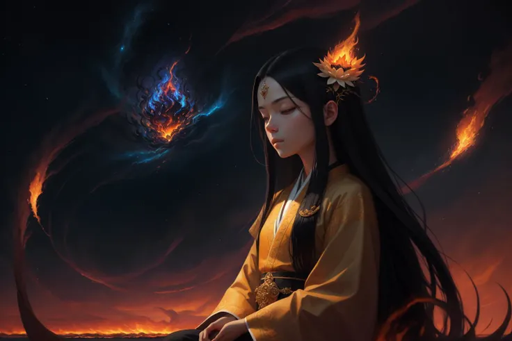 ((masterpiece)), medium shot portrait of young boy meditating in a fantastical landscape, 1boy, ((very long black hair, volumous straight hair)), [female face:: 10], lotus position, fair skin, white skin, chinese black robes, sky floating island, starry sky, landscape, (surrounding [fire vortex:: 10] energy aura, [crimson: 5] [fire:: 10] qi, flame power:1.4), perfect face, (perfect composition:1.4), extreme detail, oil painting, concept art, illustration, trending on artstation, trending on cgsociety, fantasy, intricate details, elaborate clothing, (smooth, sharp focus:1.3), oil painting by artgerm, [<lora:oilpaintingStyle_v10:0.3>: 15]