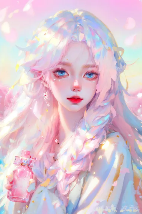 ((masterpiece)), highly detailed, best quality, 8k, (soft light), cinematic light, beautiful detailed eyes,
1girl, white hair, long hair, next to a bottle of perfume, elegant, cozy, clean detailed anime art, trending on artstartion, iridescent, opalescent, cream dripping on face, warmly lit, soap, (pink and white theme),
<lora:OilPaintStyle_v1:1> <lora:fashionGirl_v50:1>,