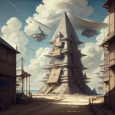 <lora:DaVinciTech-25:1.2>, scifi, davincitech, by leonardo da vinci,   
highway, ocean, blue sky, cloudy ,pyramid \(structure\),
