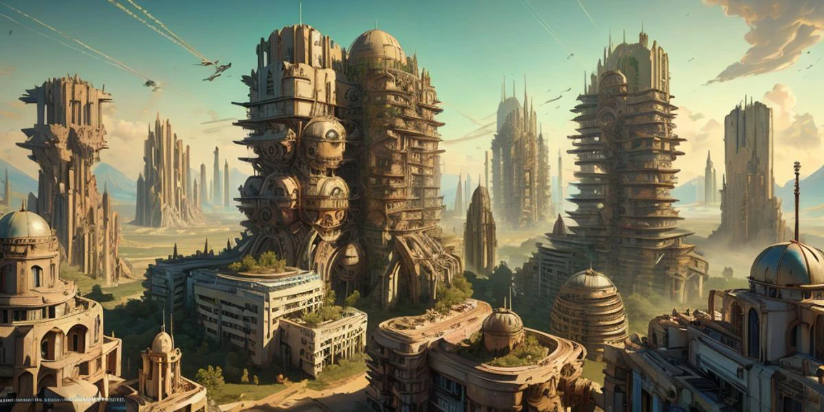 <lora:DaVinciTech:0.90> davincitech, scifi, by leonardo da vinci, octane render, landscape of a vast forestscape, landscape, (ruins:1.15) , (dust:0.85) , (tumble weed:0.75) , (pui:0.42) , Sunny, Brutalist, cityscape, ultra detailed, 3d model, vivid, (hyperdetailed:1.2) , (Photorealistic:1.2) , analog style, (detailed background visible:1.2) , (crafted style) (detailed hyperrealism) , (At heart composition:0.85) , (captivating photograph:0.75)