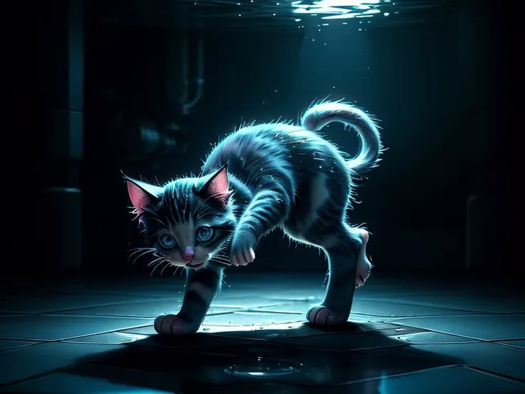 (disney:0.2), (cartoon:0.1), (pixar:0.4), (3D:1.2),
(UHD:1.1), black background, reflective floor, posing,
( close up of (cute:0.90) wet kitten, wet fur,)
<lora:DaVinciTech:0.9> davincitech, scifi, by leonardo da vinci,
(Style: subsurface scattering, (pui), analog style, realistic, film photography, highres photo, cinematic Lighting, (Photorealistic:1.2),)
(detailed), sharp, HDR, high quality, good resolution, maximalist, masterpiece,