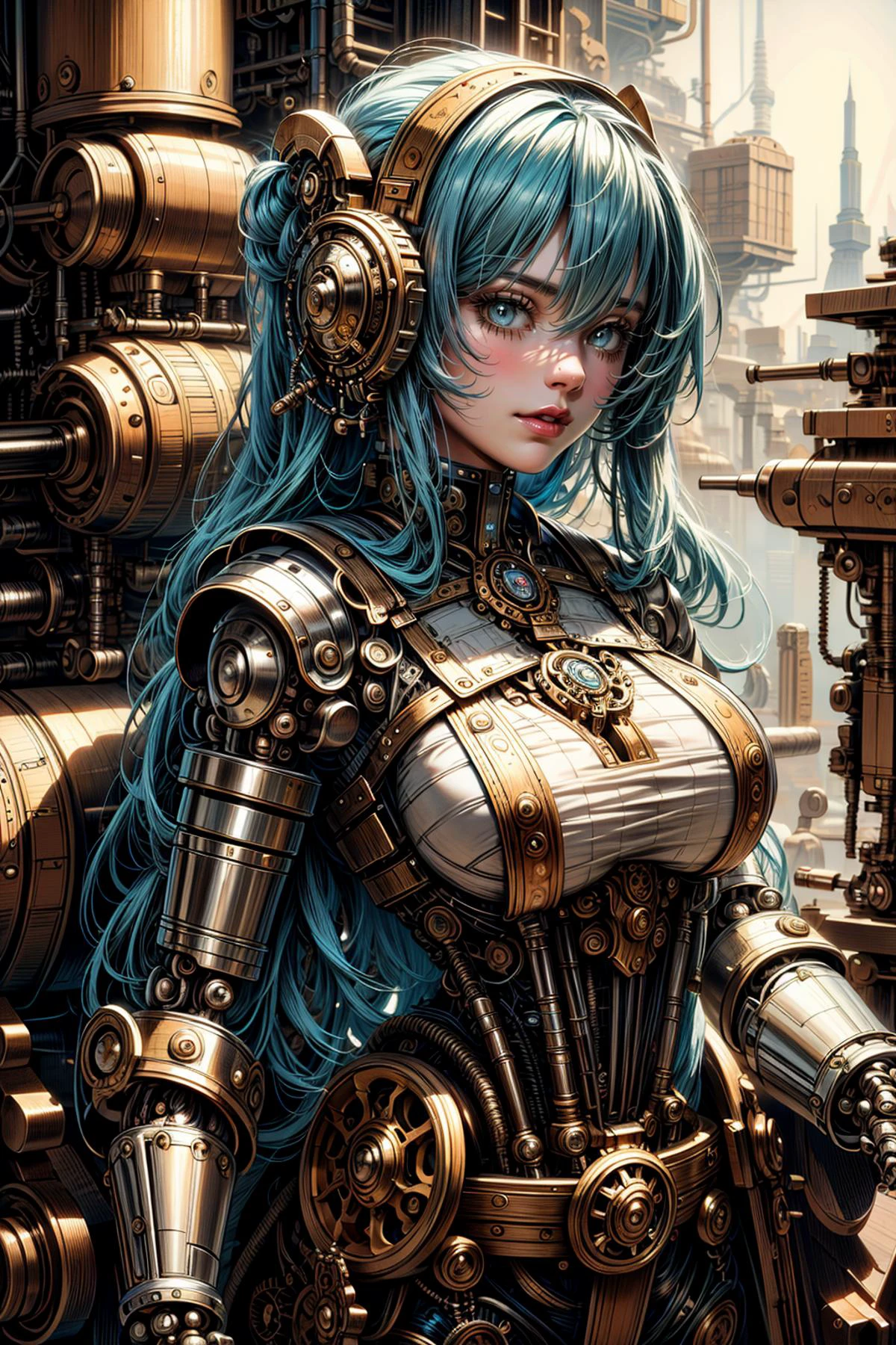 (masterpiece:1.1), (best quality:1.1), (detailed:1.0), (vibrant colors:1.2), BREAK, (steampunk:1.0), (clockpunk:1.0), (scifi:1.0), (retrofuturism:1.0), BREAK, (cowboy shot:1.0), (mechanical doll:1.0), (mechanical body:1.0), (mechanical parts:1.0), (pistons:1.0), (gears:1.0), (mechabare1.0), (clockwork body:1.0), (looking at viewer:1.0), (davincitech:1.0), <lora:DaVinciTech-25:1.0> , BREAK, (factory:1.0), (machinery:1.0), (technology:1.0)