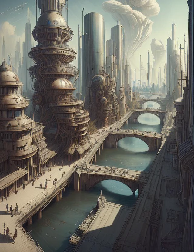 davincitech, Utopian City Waterfront Promenade,Theatre,Decomposing Matter, 8K, <lora:DaVinciTech:0.8>, scifi, by leonardo da vinci