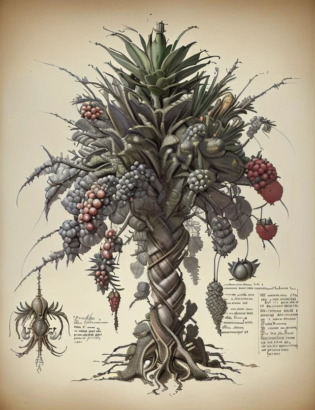 davincitech, Generous Ash Gray Stolon-spreading Jagged plant, Variegated Multiple Fruit fruit, Curled, Sepaloid, Whorled Phyllotaxy, , 8K, <lora:DaVinciTech:0.8>, scifi, by leonardo da vinci