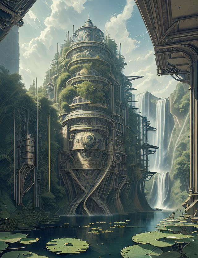 davincitech, Waterfalls Boulevard,Turtle,Water Lily, 8K, <lora:DaVinciTech:0.8>, scifi, by leonardo da vinci