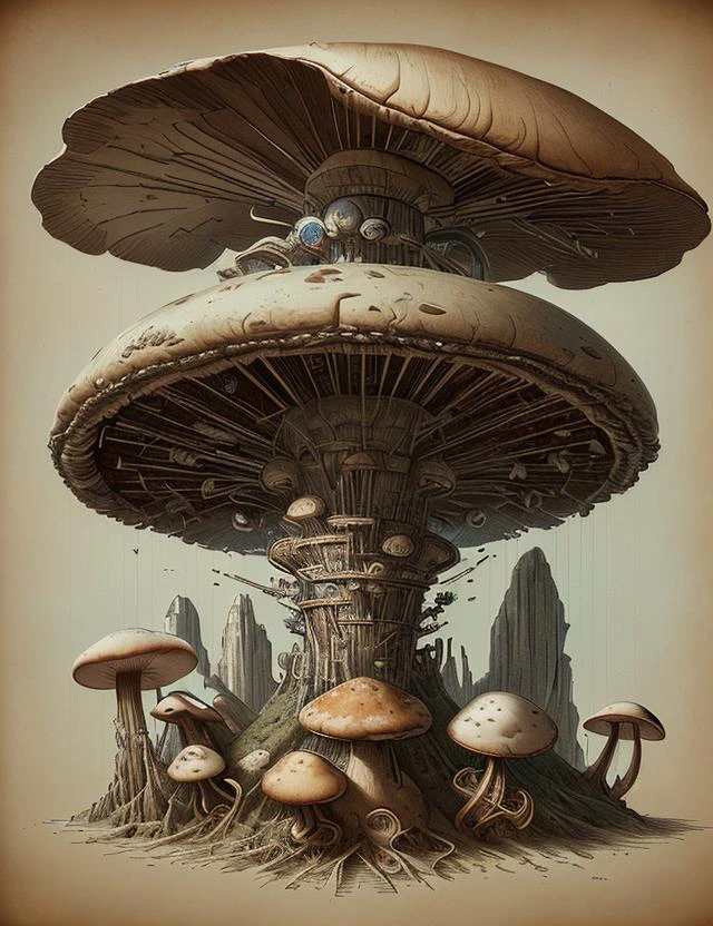 davincitech, Brown Medium Saddle-shaped Ribbed mushroom, Papery, Banded, Nutrient Sharing, Glacial, Clustered, Luminous, Tattered Annulus,,,Partial Veil, Tan Irregular Base, Lethal, , 8K, <lora:DaVinciTech:0.8>, scifi, by leonardo da vinci