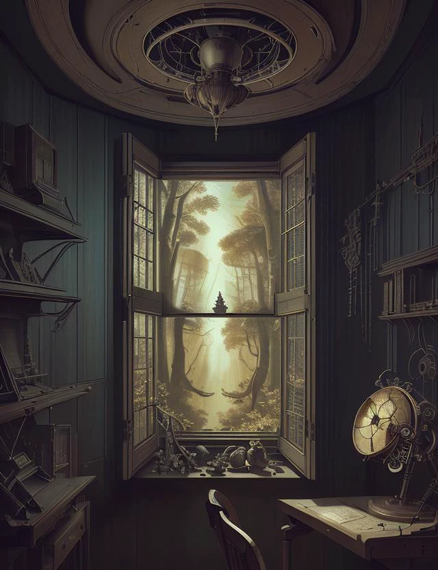 davincitech, Forest Astronomy,Insect Chorus,Louvered Window, 8K, <lora:DaVinciTech:0.8>, scifi, by leonardo da vinci