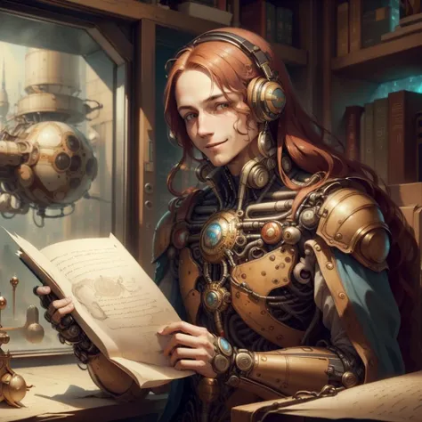<lora:DaVinciTech-25:1>, scifi, davincitech, by leonardo da vinci,
scholar , scroll, 1boy,long hair, red hair, glowing eyes, smile ,closed mouth, man ,