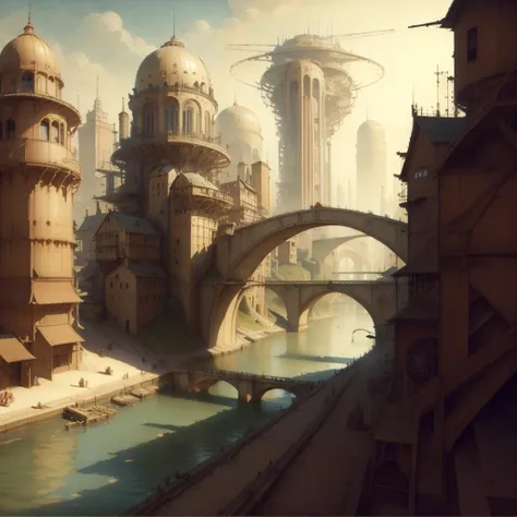 <lora:DaVinciTech-25:1>, scifi, davincitech, by leonardo da vinci,
city, bridge, river